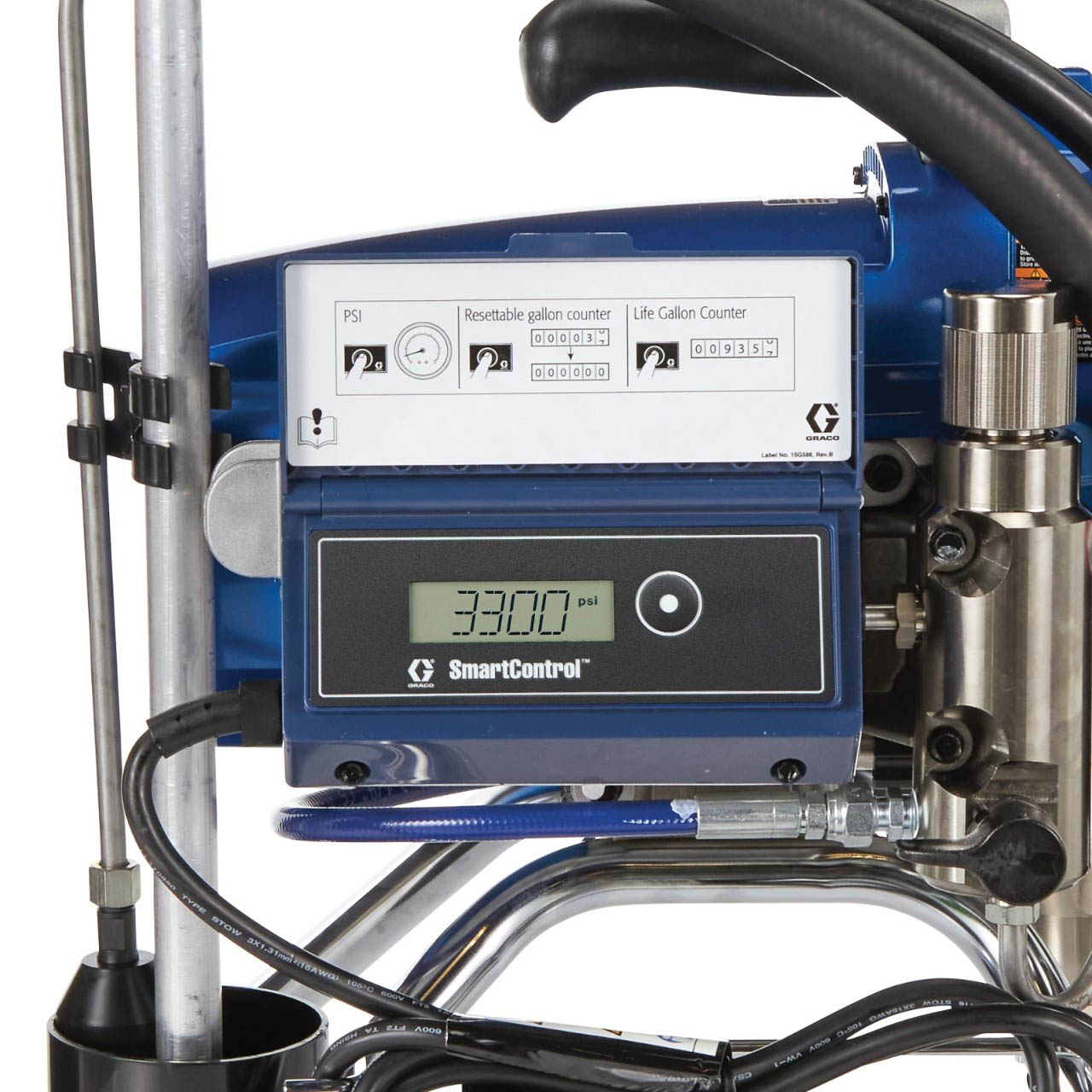 Close-up of a Graco airless sprayer's SmartControl pressure display
